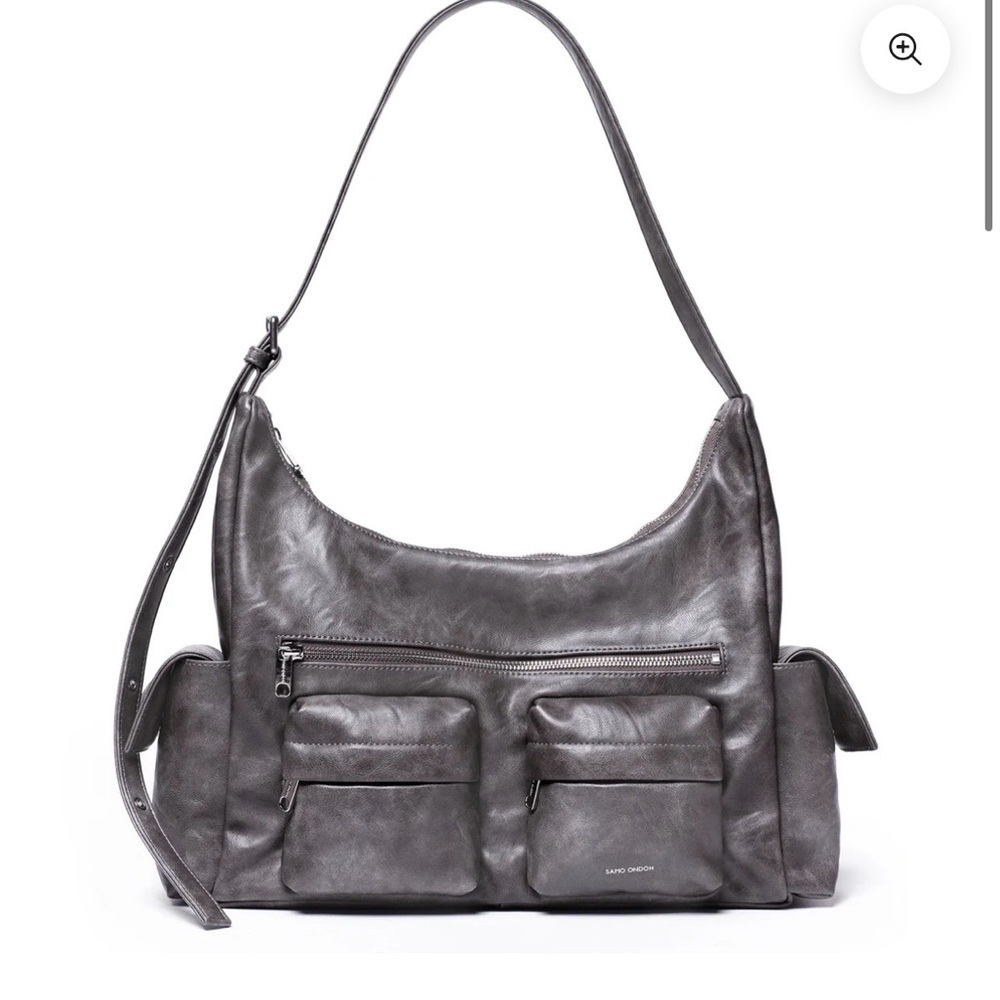 Gray Leather Multi-Pocket Shoulder Bag